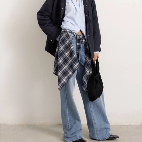 Plaid Tie-Front Shirt Waist Tie in Navy and White From Italy